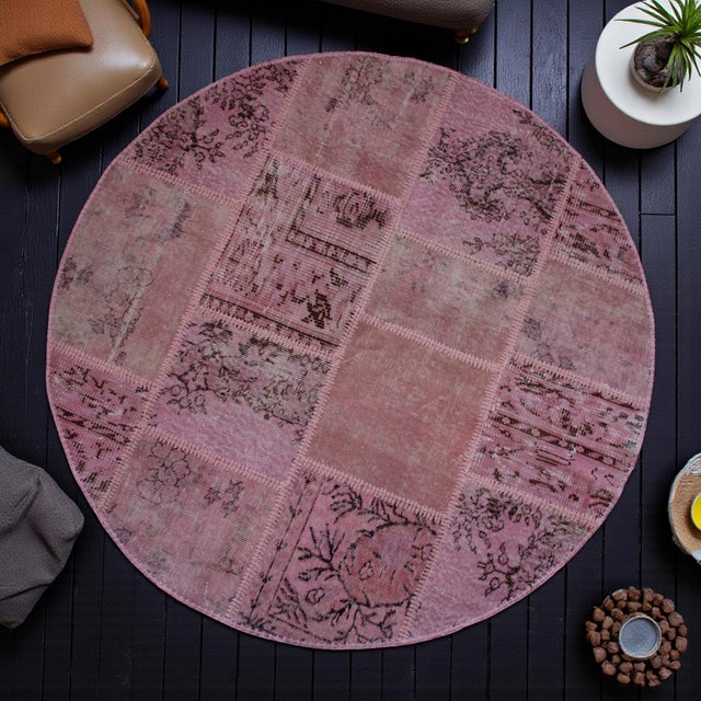 The Pink Way Turkish Round Rug Hand Knotted Handstitched Living Room Entry Decor - 4'11" Diameter For Sale - Image 4 of 13