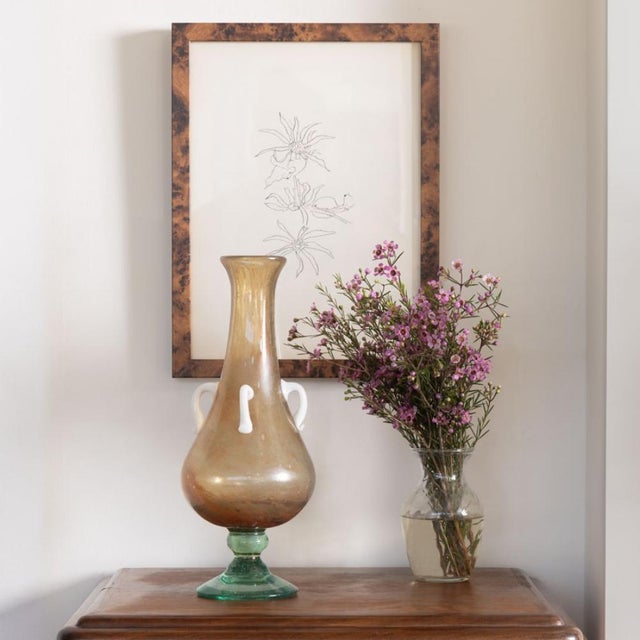 Beautiful tall Murano amphora glass vase from Italy, 1960s. Handblown tall brown glass body with white handles on a green...