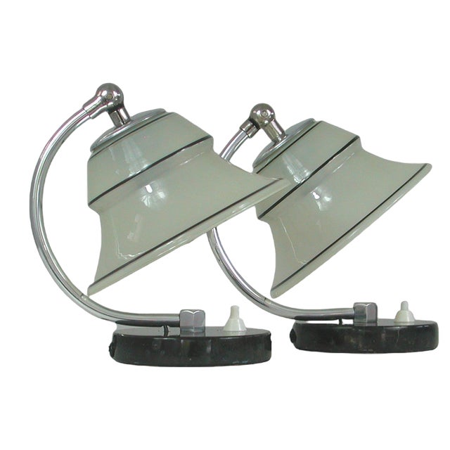 German Art Deco Enameled Satin Glass, Marble and Aluminum Table Lamps, 1930s, Set of 2 For Sale