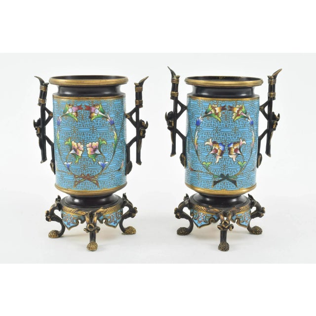 French Aesthetic Movement Bronze Champleve Footed Urns For Sale - Image 12 of 12