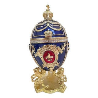 Pierre Lorren Handmade Faberge Egg Style Trinket Fabergé Egg Style Austrian Crystal Diamond Pure Gold Deco Hand Painted 5 Star Egg & Handmade Bracelet For Sale