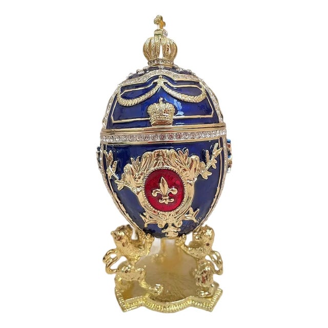 Pierre Lorren Handmade Faberge Egg Style Trinket Fabergé Egg Style Austrian Crystal Diamond Pure Gold Deco Hand Painted 5 Star Egg & Handmade Bracelet For Sale