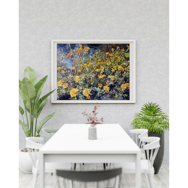 This oil painting, titled ""Marigold,"" is a vivid and lively representation of a marigold field. The artist uses a rich...