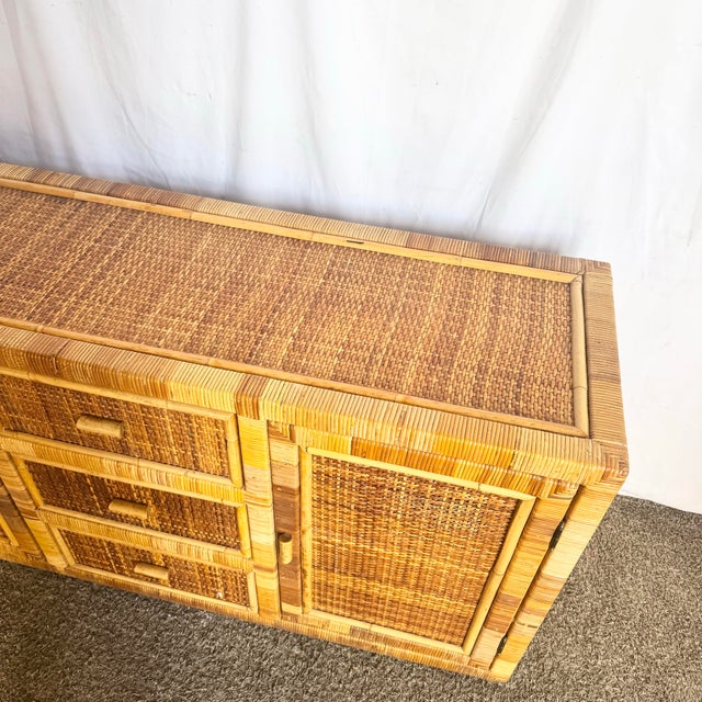 Vintage Boho Chic Wicker Wrapped Credenza For Sale - Image 4 of 11