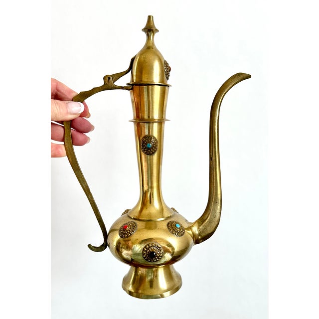 Vintage Brass Moroccan Brass Tea Set – 8 Pieces | Gemstone Inlay For Sale In Denver - Image 6 of 12