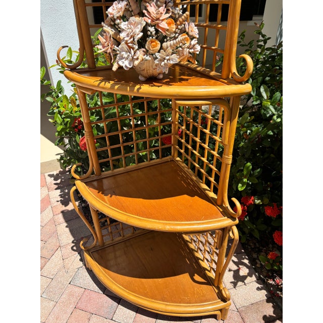 Wood Restored Vintage, Midcentury, Rattan-Bamboo Corner E’tagere Shelving. Styled in the Manner of French Designer Vivai Del Sud. For Sale - Image 7 of 7
