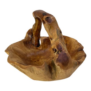 Vintage Live Edge Teak Hand Carved Americana Folk Art Bowl Basket. For Sale