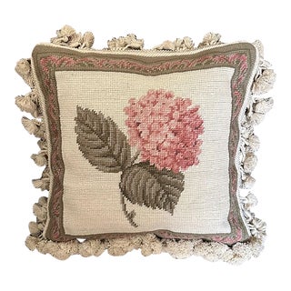 1980s Vintage Pink Hydrangea Floral Needlepoint Pillow Accent Pillow For Sale