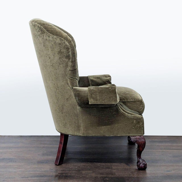 Thomasville 1990s Thomasville Olive Green Tufted Lounge Chair With Carved Wooden Legs For Sale - Image 4 of 10