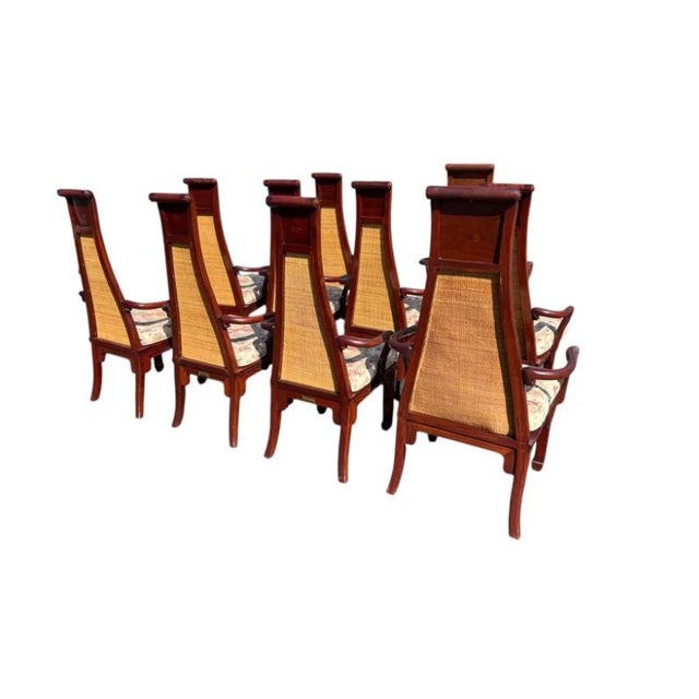 Asian Set of 10 MCM Vintage Rosewood Asian Chairs With Woven Backs For Sale - Image 3 of 7