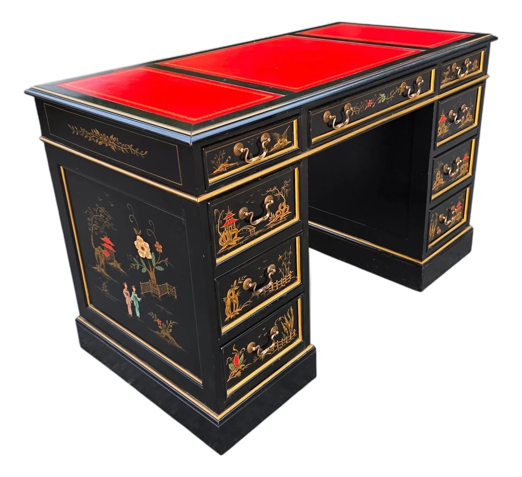 Vintage Sligh-Lowry Chinoiserie Kneehole Partner Desk | Chairish