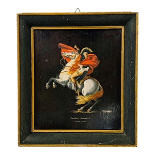Vintage Miniature Oil Painting of Napoleon Crossing the Alps After Jacques-Louis David - Small Framed French Imperial Portrait Oil on Board For Sale