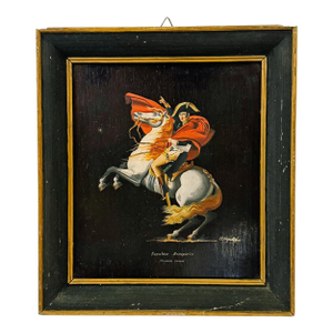 Vintage Miniature Oil Painting of Napoleon Crossing the Alps After Jacques-Louis David - Small Framed French Imperial Portrait Oil on Board