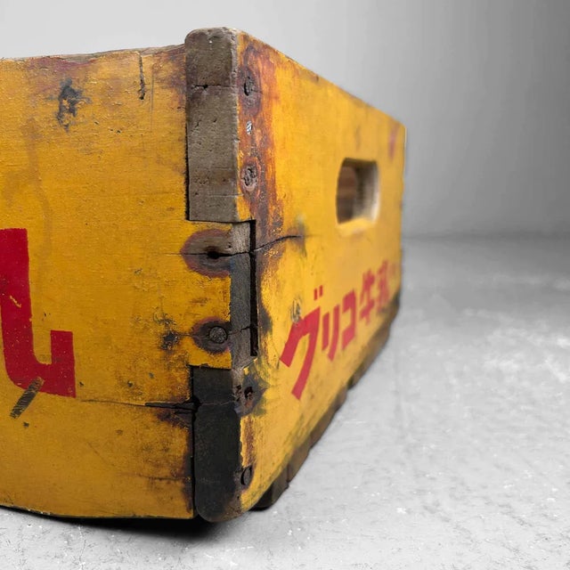 Yellow Vintage Wooden Crate Glico Milk, Japan, 1960s For Sale - Image 8 of 12