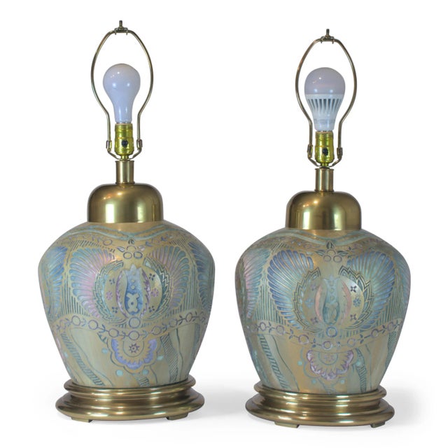 A stunning pair of Frederick Cooper table lamps with hand-painted ceramic bodies in soft iridescent tones of lavender,...