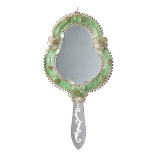Mid-Century Murano Glass Floral Decorative Hand Mirror, Italy, 1950s For Sale