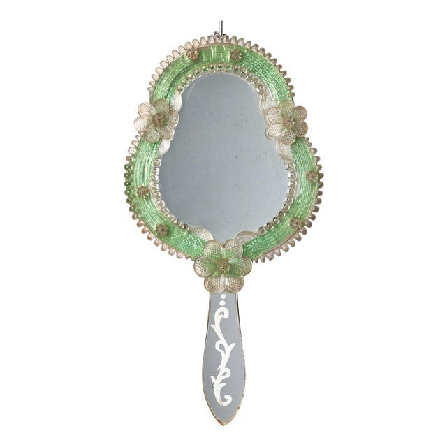 Mid-Century Murano Glass Floral Decorative Hand Mirror, Italy, 1950s For Sale