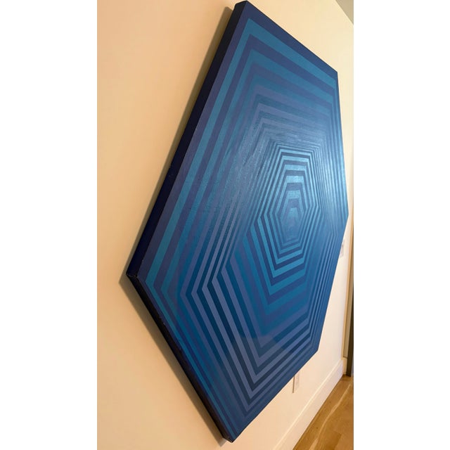 Textile Large Vintage Blue Op Art Painting by Arnold Goldberg For Sale - Image 7 of 13
