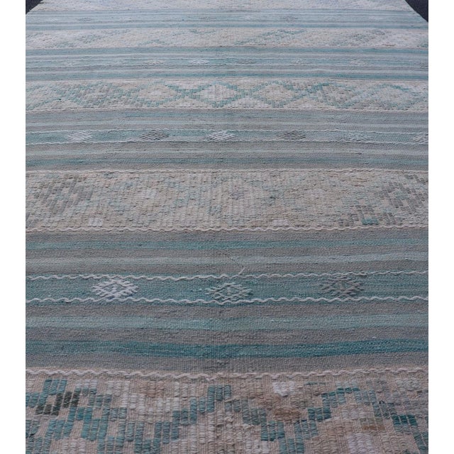 Textile Turkish Flat-Weave Kilim in Soft Colors With Stripes and Embroideries For Sale - Image 7 of 12