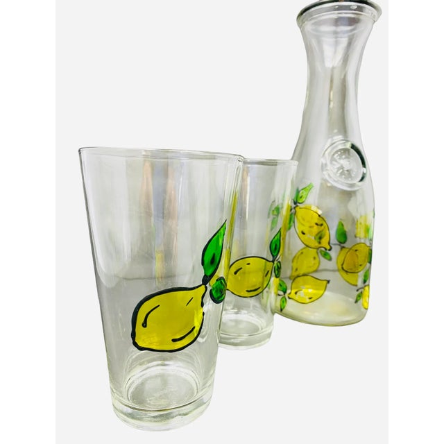 1980s Vintage Cresi Hand Painted Lemons Carafe With Glasses a Set of 5 For Sale - Image 5 of 10