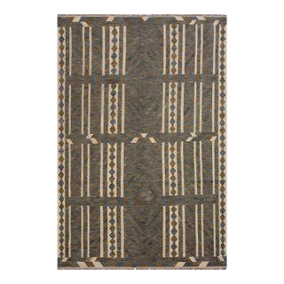 Abstract Kilim Ivory Gray Wool Rug - 6'7" X 9'10" For Sale