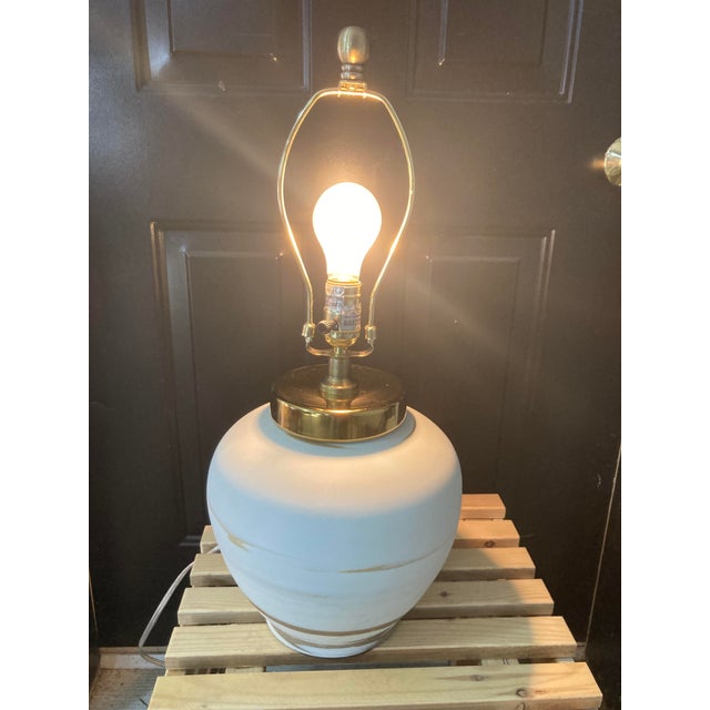 Sahara Sand White Ceramic Table Lamps With Hand Painted Brush Strokes With Shades - a Pair For Sale - Image 9 of 11