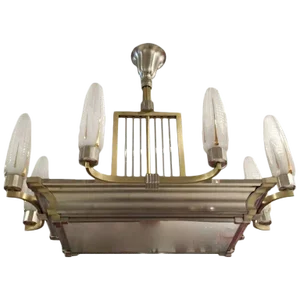 French Art Deco Brass and Nickel Chandelier