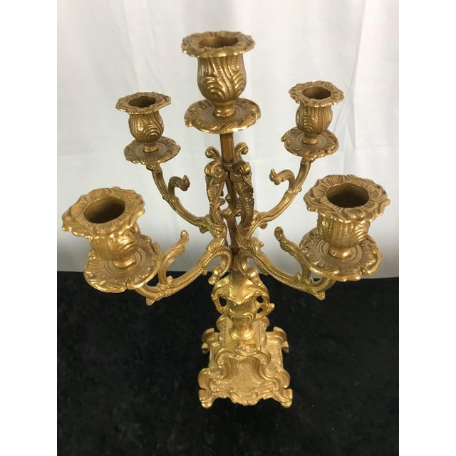 Mid-Century Italian Rococo Gilt Brass 5-Arm Candelabras - A Pair For Sale - Image 11 of 14