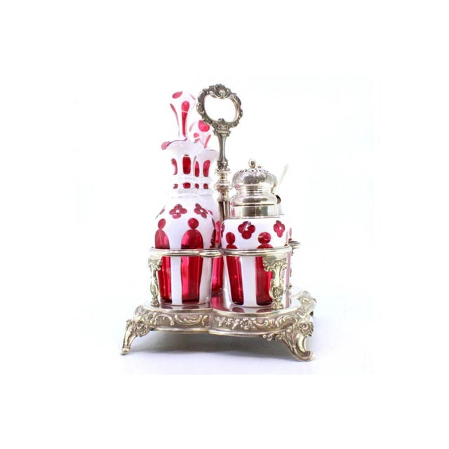 Silver and Glass Cruets with Salt Shaker and Mustard Jar on Raised Base with Feet, Set of 5, in Very Good conditions....