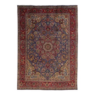 1960s Handmade Tabriz Wool Rug in Blue With Medallion Motif For Sale