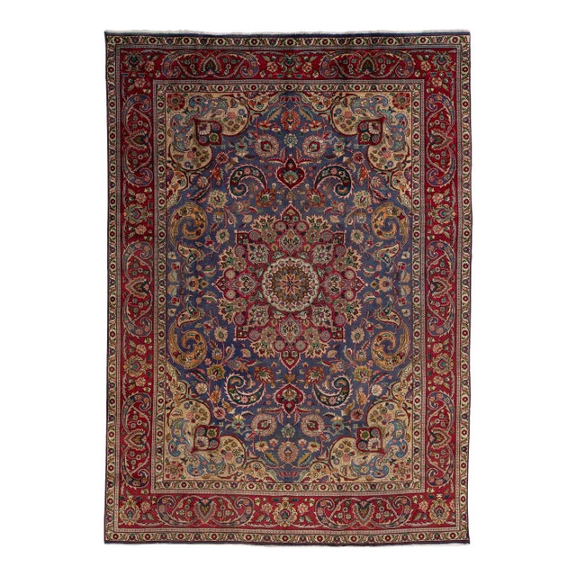 1960s Handmade Tabriz Wool Rug in Blue With Medallion Motif For Sale