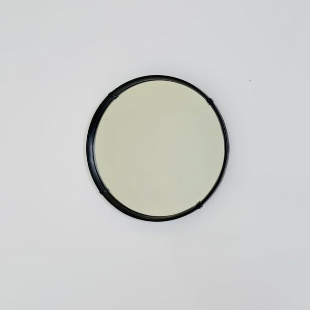 Mid-Century Modern Round Wall Mirror with Black Leather Frame, 1970s For Sale - Image 4 of 11