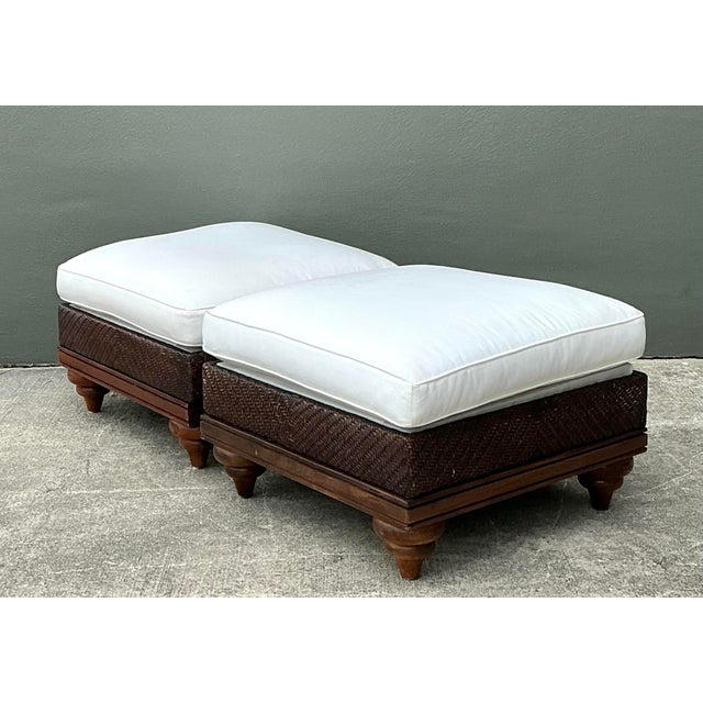 Mid-Century Modern Vintage Woven Rattan Ottomans - A Pair For Sale - Image 3 of 12