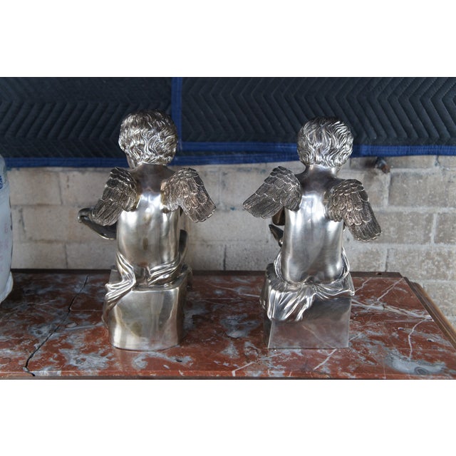 Set of 2 Vintage Large Neoclassical Silver Holloware Figural Cherub Angel Bookends Sculptures For Sale - Image 6 of 12