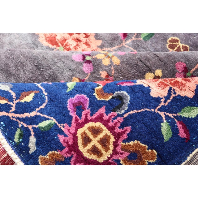 Antique Art Deco Rug in Soft Grey Field With Navy Blue and Red Border For Sale - Image 9 of 14