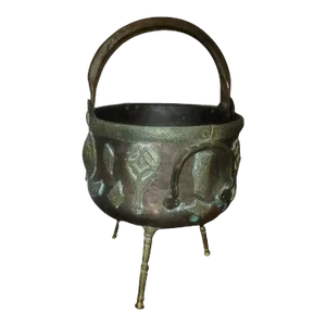 19th Century Arts & Crafts Brass Mounted Hammered Copper Footed Fireplace Pail or Planter