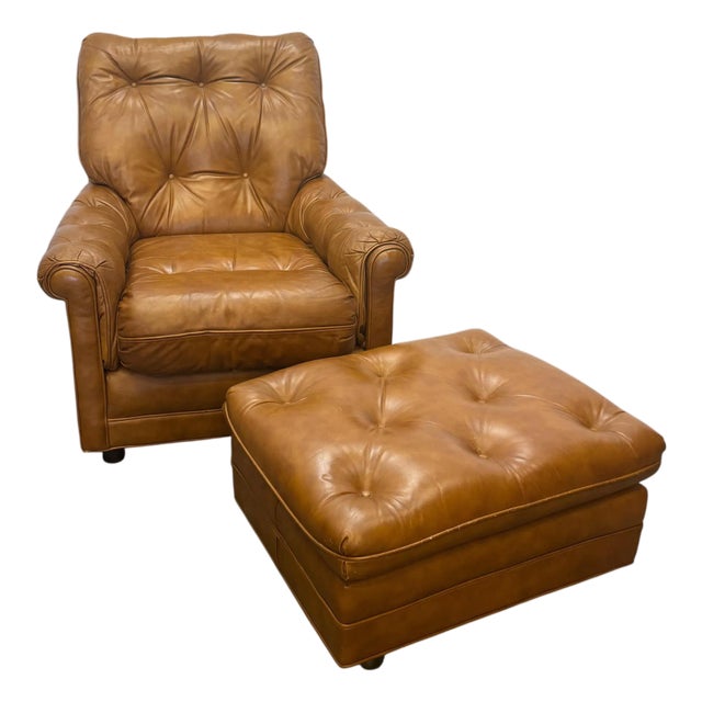 Vintage Classic Leather Traditional Style Tufted Top Grain Leather Club Chair & Ottoman For Sale