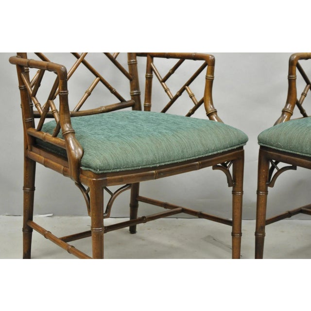 Vintage Chinese Chippendale Faux Bamboo Wood Fretwork Dining Arm Chairs - A Pair For Sale - Image 13 of 14