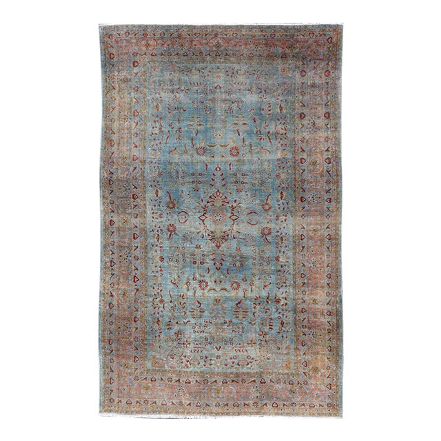Blue Background Antique Persian Mohajerah Rug With Salmon, Blue, Green, and Red For Sale