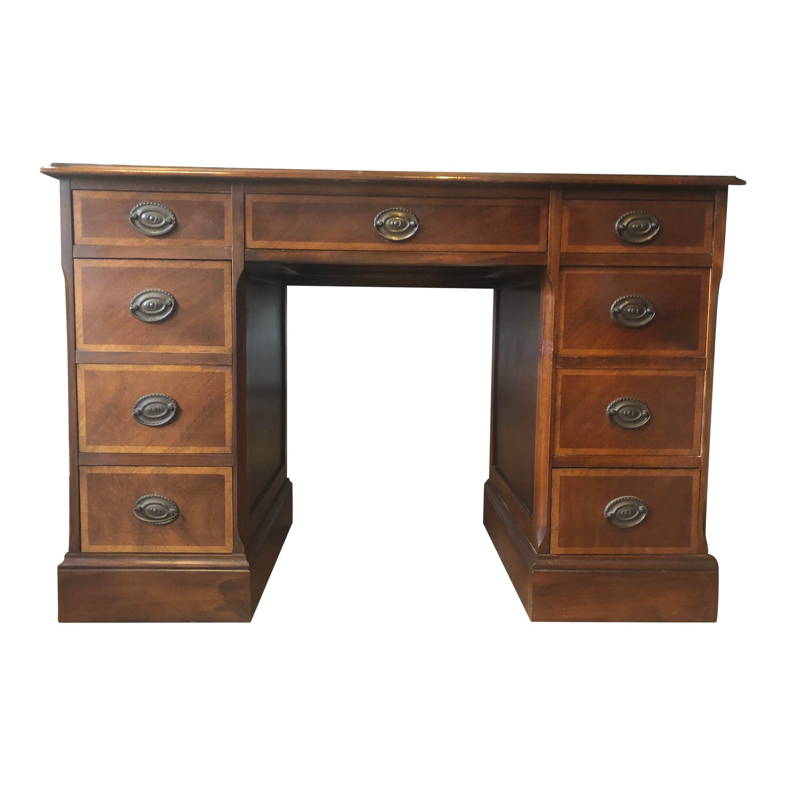 Vintage Maddox Antique Flame Mahogany Kneehole Desk With Triple Leather