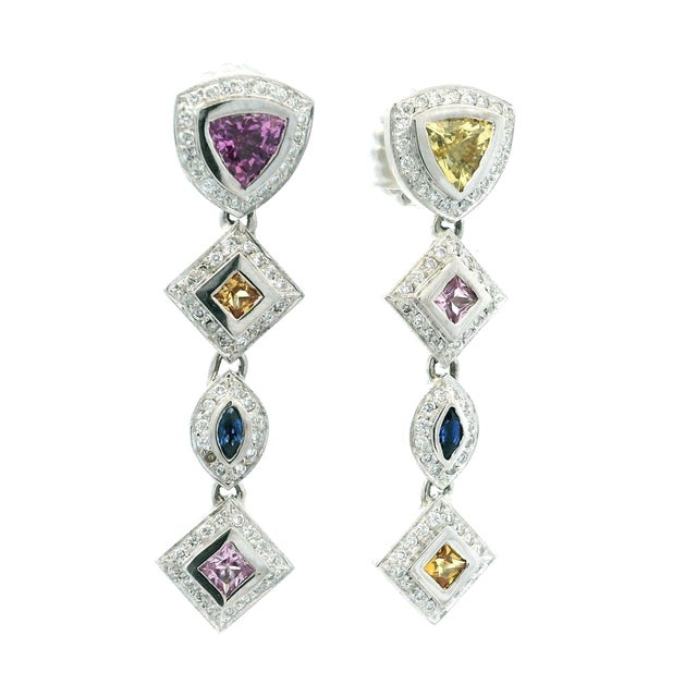 Italian 18k White Gold Multicolor Sapphire and Diamond Drop Earrings, Pair For Sale - Image 4 of 10