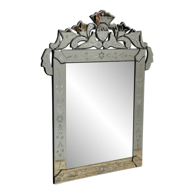 Venetian Cut + Etched Glass Gypsy Wall Mirror For Sale