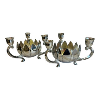 Pair of Silver Plate Lotus Stylized 3 Arm Candleabras For Sale