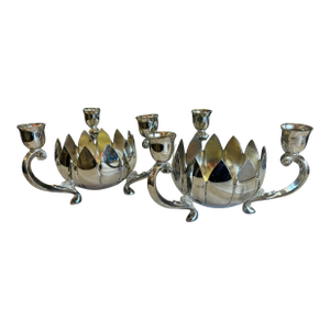 Pair of Silver Plate Lotus Stylized 3 Arm Candleabras