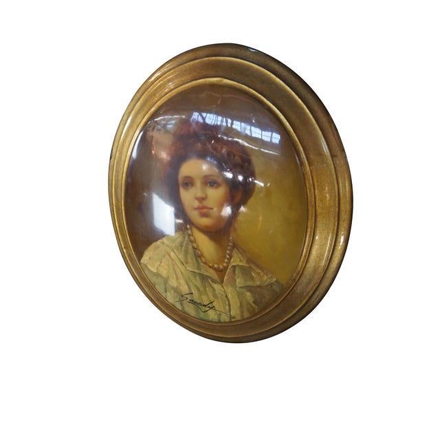 Rustic Mid 20th Century Lacquered Oval Oil Portrait Painting Young Redhead Girl With Pearls 13" For Sale - Image 3 of 9