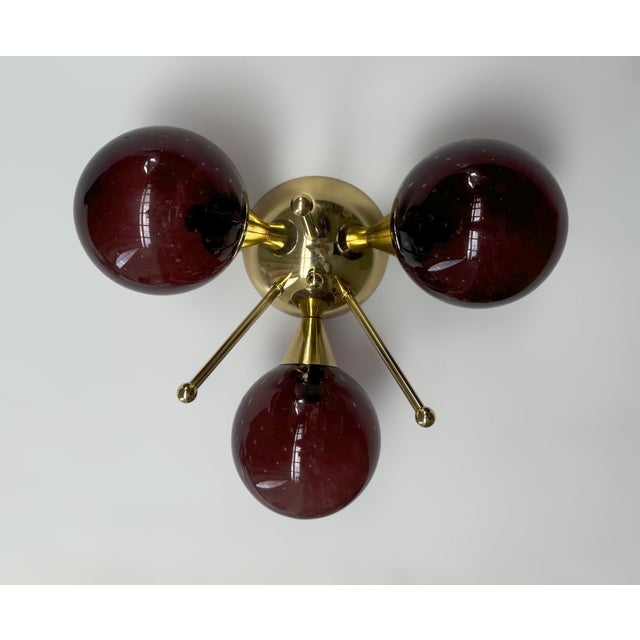 Italian Trifoglio Polished Brass Amethyst Bubbles Globe Flush Mount by Fabio LTD For Sale - Image 3 of 8