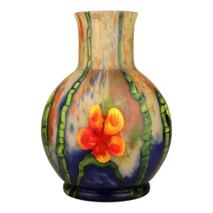 1920s Art Nouveau Czech Bohemian Grand Marquetry Ball Flower Vase by Kralik Glassworks