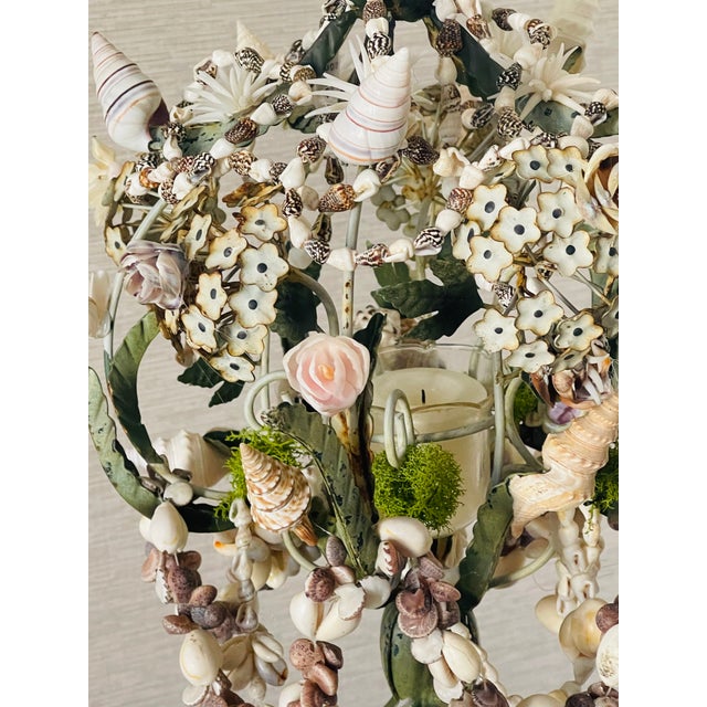 1950s Lovely Floral Tole and Sea Shell Candle Pendant Lamp For Sale - Image 9 of 10