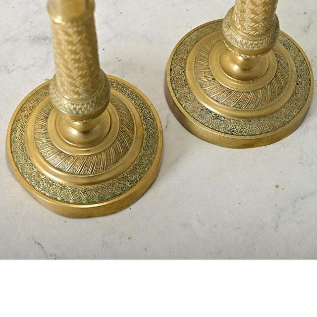 French Pair of 19th Century Empire Brass Candlesticks For Sale - Image 9 of 12