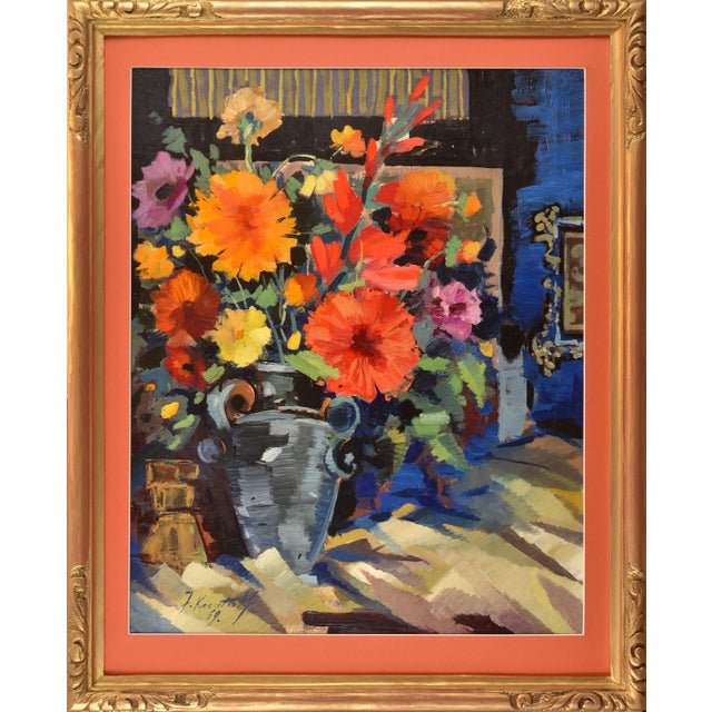 Janis Krontals, Still Life with Flowers, 1969, Oil Painting on Cardboard For Sale - Image 8 of 8
